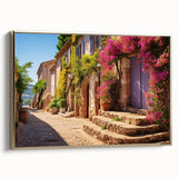 Framed canvas depicting a vintage poster of a colorful landscape with black architectural elements.