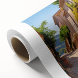 Art deco poster of an ornate door design in gold and black tones on rolled canvas.