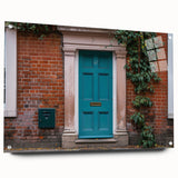 Large abstract wall art on acrylic glass depicting a geometric door design in neutral tones.