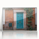 Mid-century modernist acrylic print featuring a bold geometric door design in black and white.