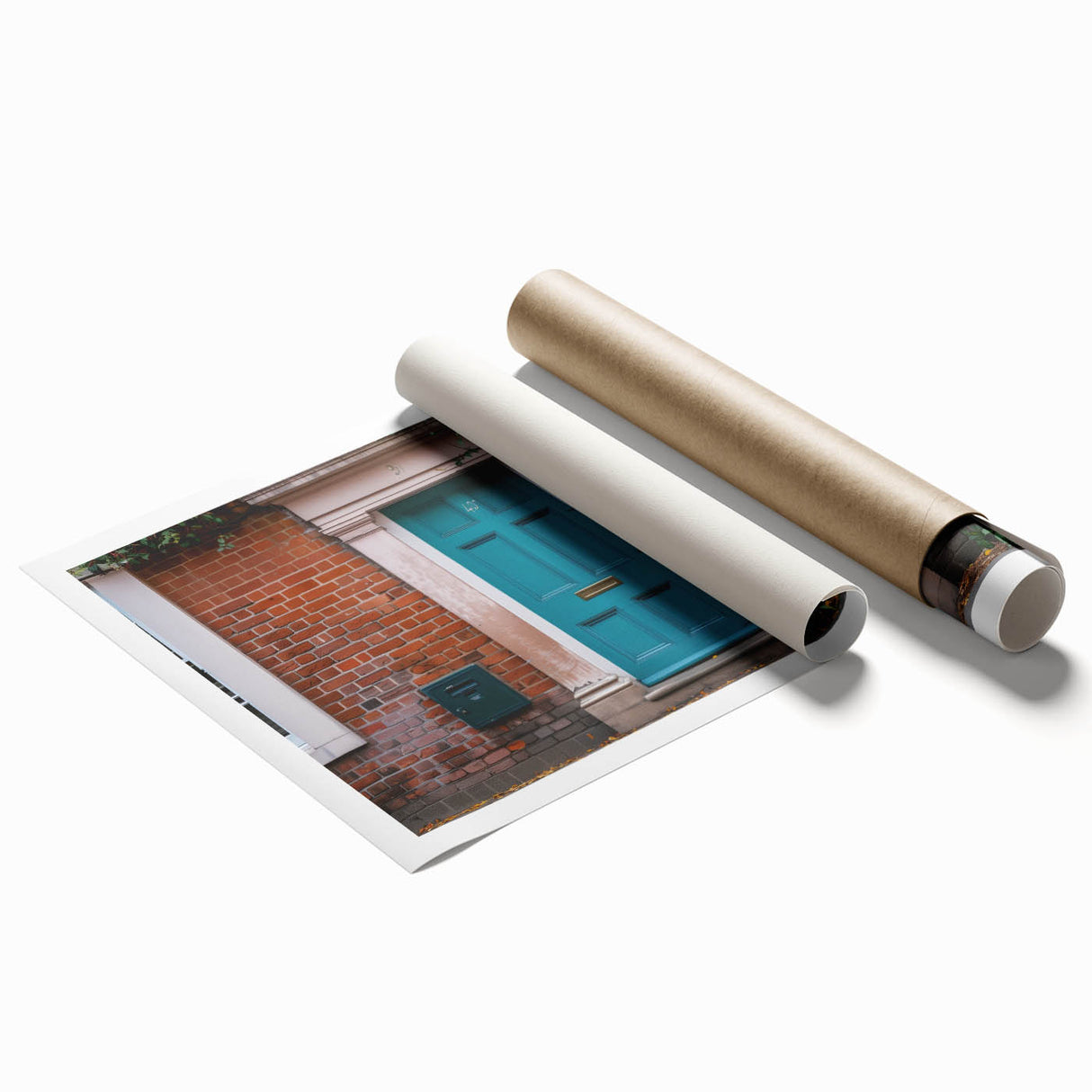 Extra large rolled print featuring a detailed floral art design on a door, in muted earth tones.