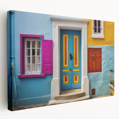 Side view of a large stretched canvas featuring a detailed architectural door design in subdued earth tones.