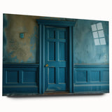 Large abstract wall art on acrylic glass depicting a detailed architectural door design in monochrome tones.