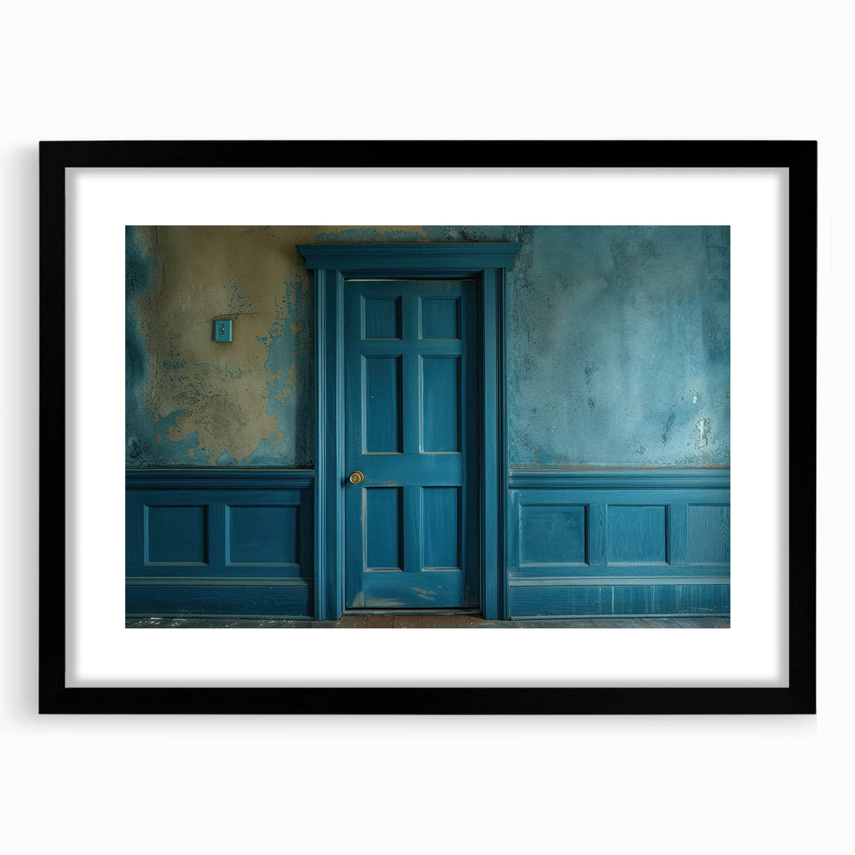 Extra large abstract art print featuring a colorful, textured door design on a black framed canvas.