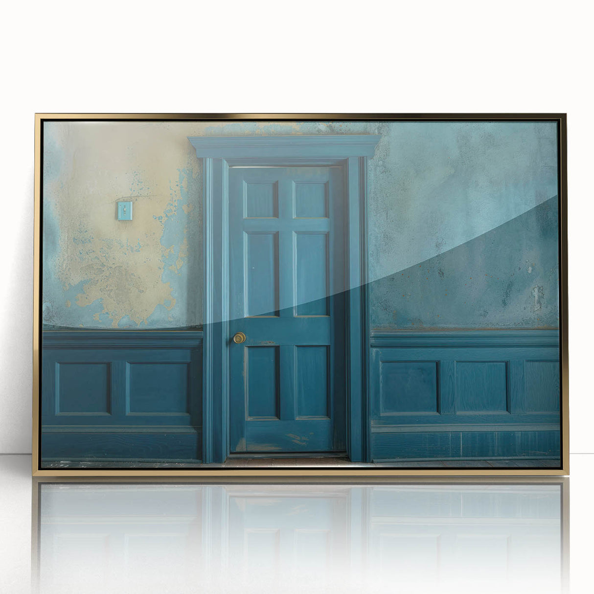 Mid-century modernist art deco poster featuring an architectural door design in gold tones on acrylic.
