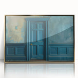 Mid-century modernist art deco poster featuring an architectural door design in gold tones on acrylic.