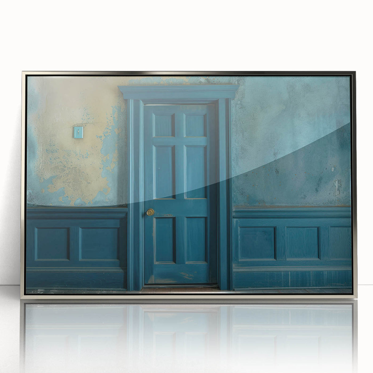 Art deco poster featuring a silver-framed acrylic print of a stylized architectural door, ideal for modern nursery wall art.