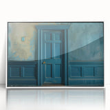 Mid-century modernist large art print of an architectural door design in muted gray and white tones, framed in acrylic.