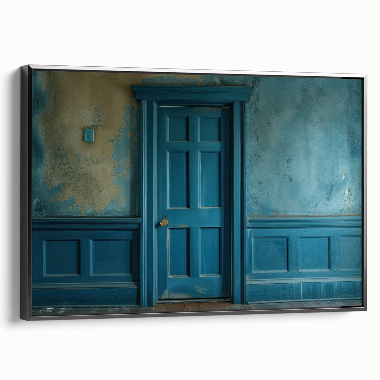 Black and white framed canvas featuring a vintage poster art style of a landscape with architectural doors.