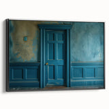 Black and white framed canvas featuring a vintage poster art style of a landscape with architectural doors.