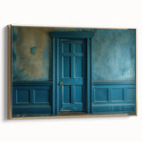 Framed canvas featuring a landscape art painting with a vintage door design in gold, black, and colorful accents.