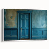 Framed canvas of a vintage poster featuring a black and white landscape painting, suitable for bedroom wall art.