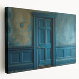 Side view of a stretched canvas featuring a detailed architectural door design in neutral tones, ideal for kitchen wall art.