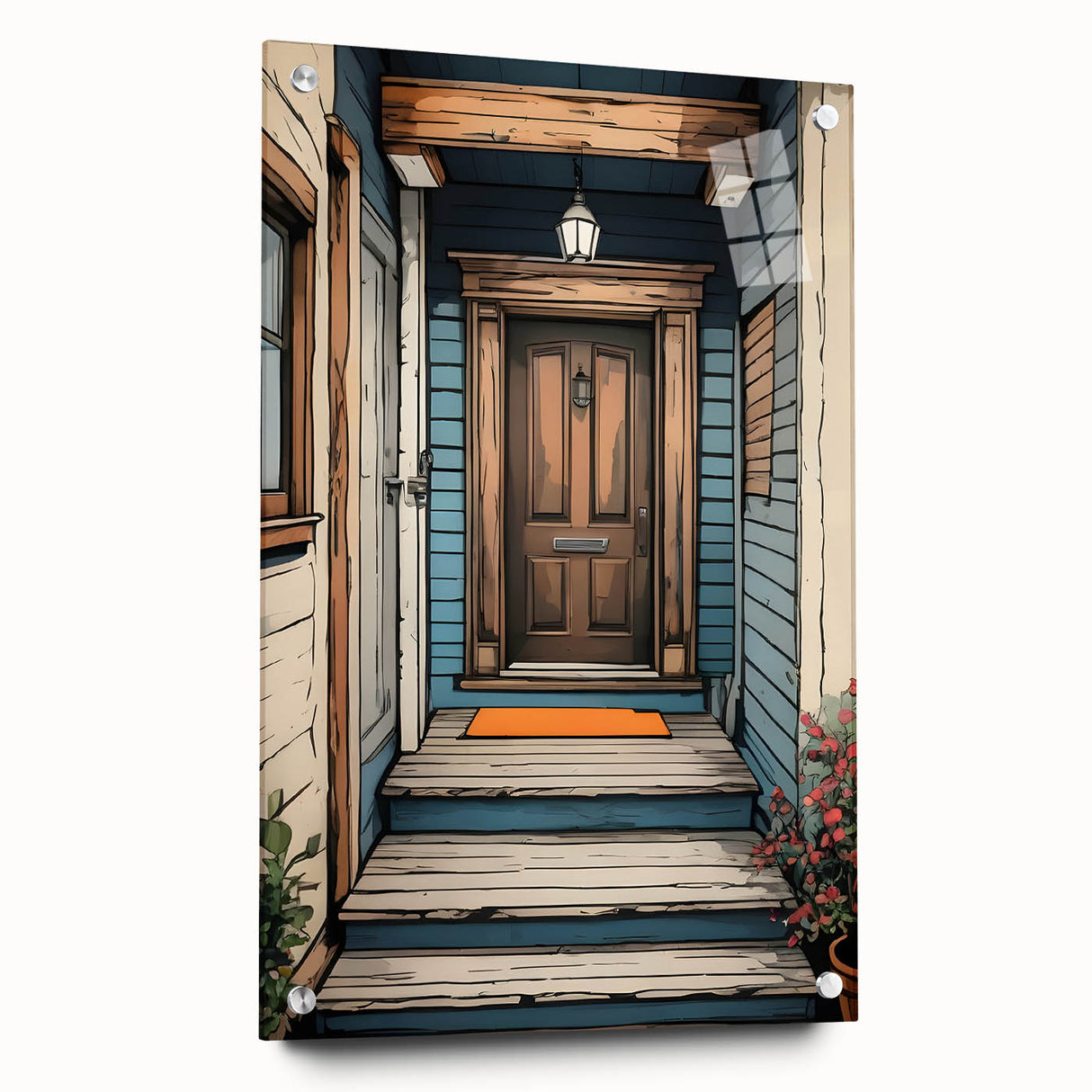 Large abstract wall art on acrylic glass featuring a geometric door design in muted grays.