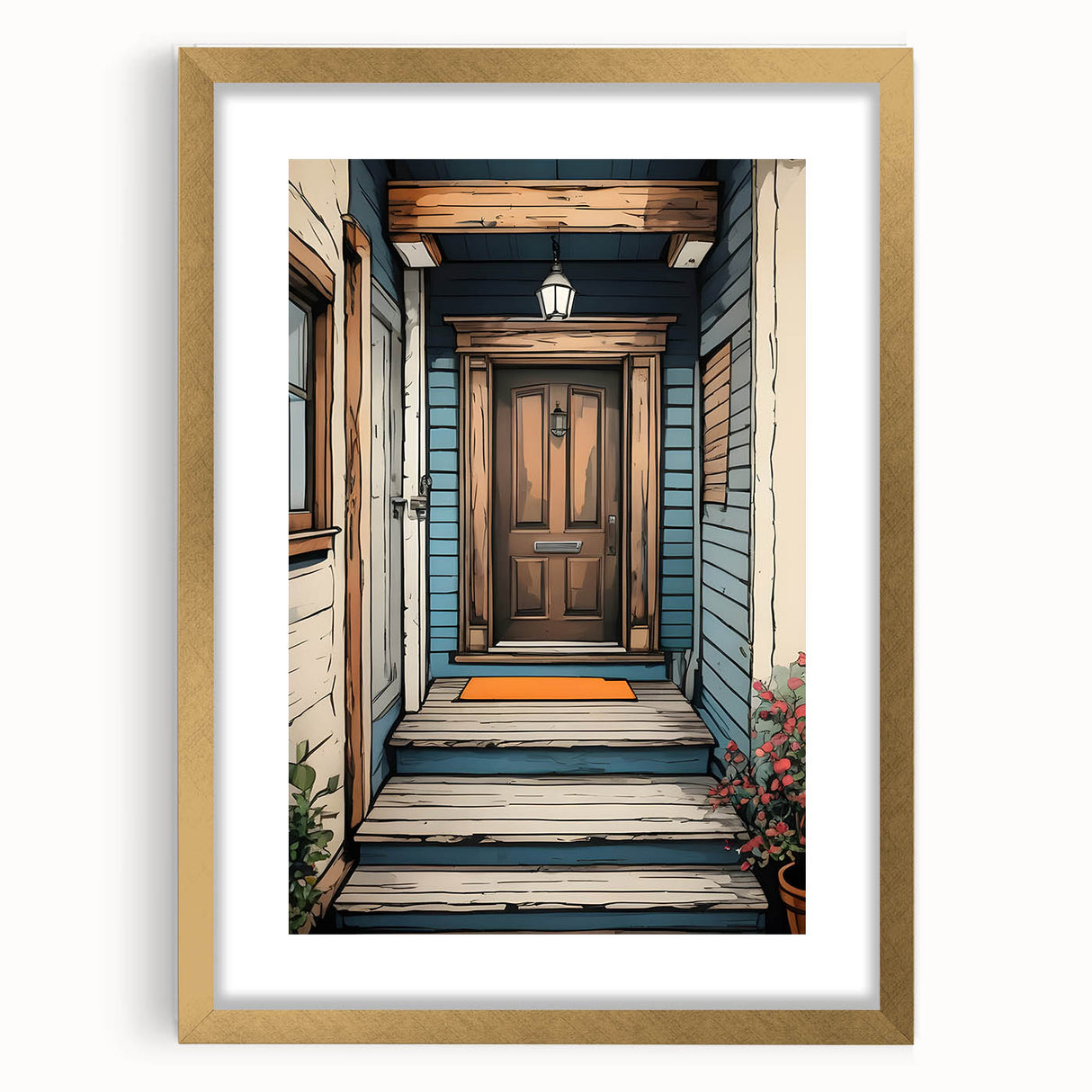 Textured abstract art print of a detailed door design in gold and white, framed with mat, ideal for bedroom decor.