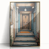 Mid-century modernist art deco poster featuring a geometric architecture door design in gold and black, framed acrylic.