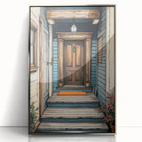 Art deco poster featuring a silver-framed acrylic print of an ornate architectural door.