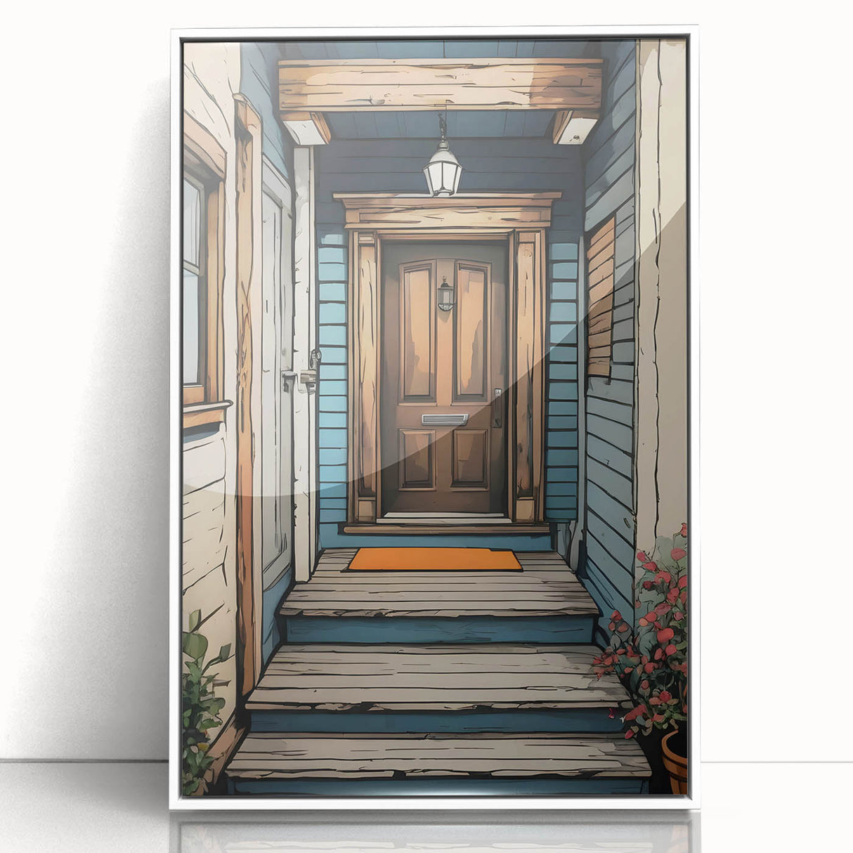 Large art print of a mid-century modernist door design in acrylic, with a white frame, suited for nursery wall decor.