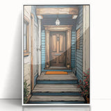 Large art print of a mid-century modernist door design in acrylic, with a white frame, suited for nursery wall decor.