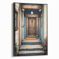 Black and white framed canvas featuring a vintage poster-style landscape with architectural door design.