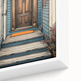 Close-up of a black framed canvas featuring a colorful, textured door design, ideal for extra large living room wall art.