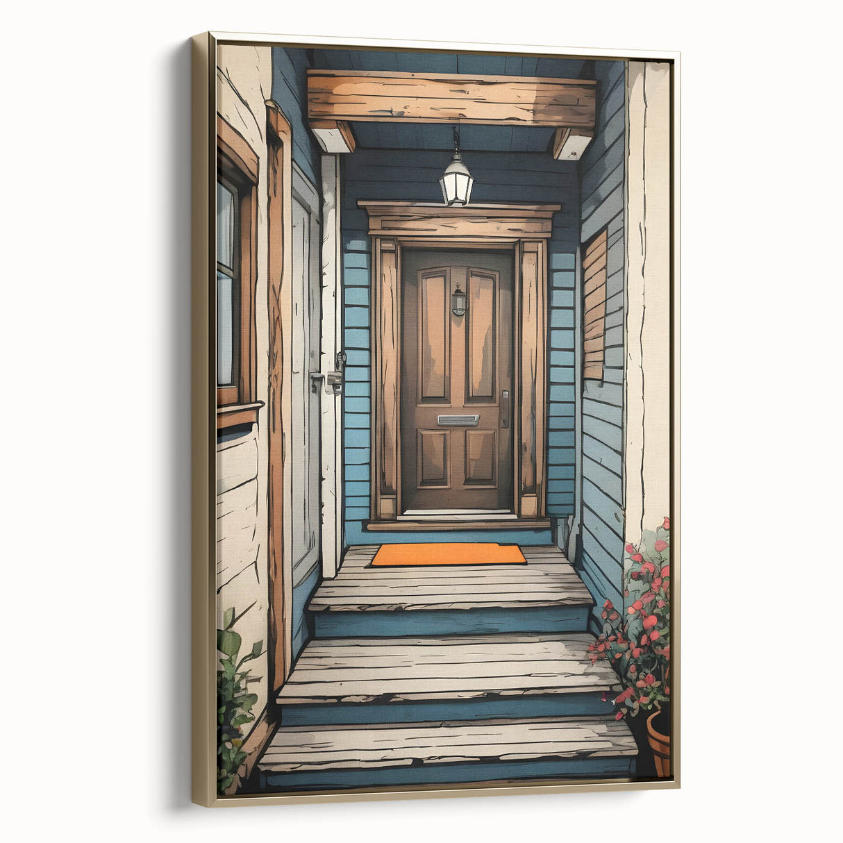 Framed canvas of a vintage poster featuring a colorful landscape art painting with predominant black tones.