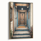 Framed canvas of a vintage poster featuring a colorful landscape art painting with predominant black tones.