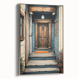 Vintage poster art of a colorful, ornate door design on a silver-framed canvas, ideal for living room decor.