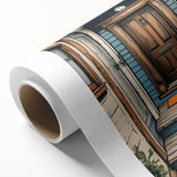 Art deco poster of an ornate door, in muted gold and teal tones on rolled canvas, ideal for nursery wall art.