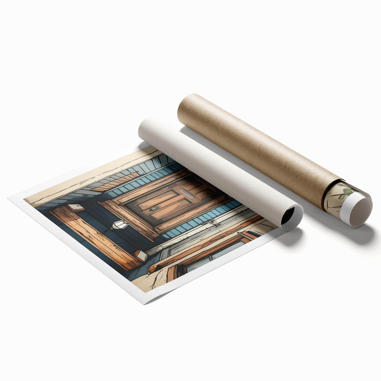 Extra large rolled print featuring a detailed floral design on a door, in muted earth tones.