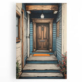 Large black and white photo of an ornate door on stretched canvas, suitable for kitchen wall art.