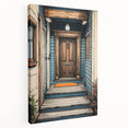 Side view of a large stretched canvas featuring a detailed door design in earth tones, suitable for kitchen wall art.