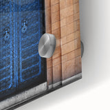 Mid-century modernist large abstract wall art on acrylic glass, featuring geometric shapes in earth tones.