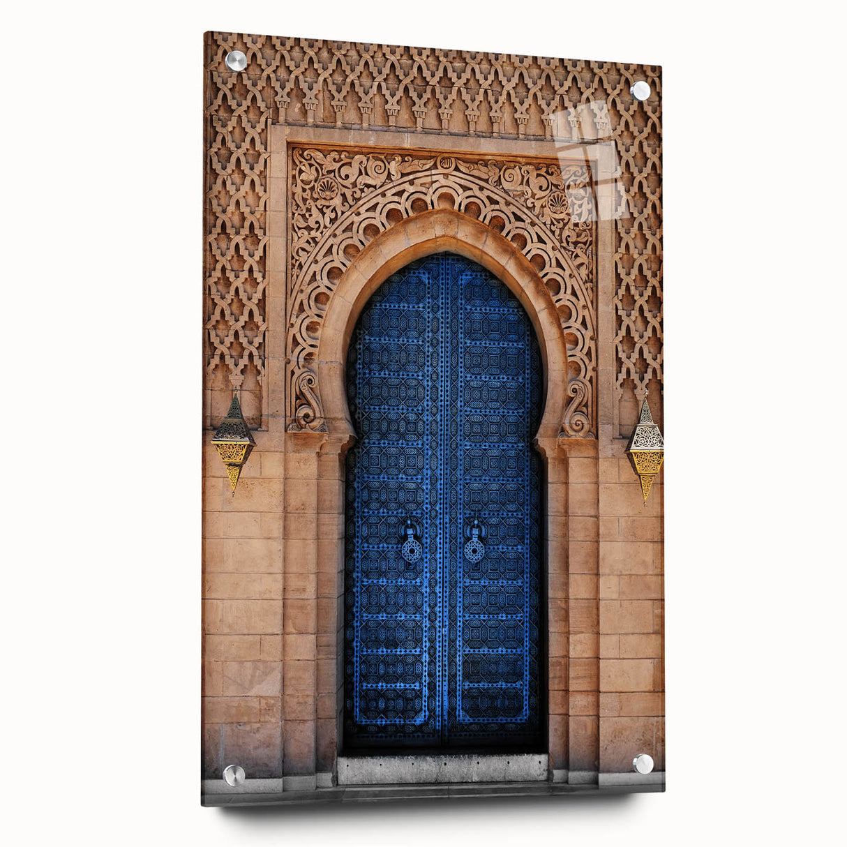 Large abstract wall art on acrylic glass depicting a modern door design in neutral tones.