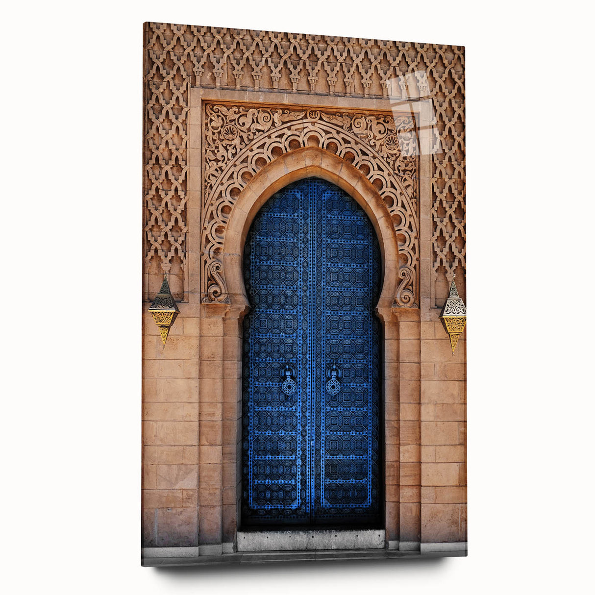 Large abstract art print on acrylic glass featuring a monochrome architectural door design.