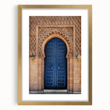 Textured abstract art print featuring a gold-framed architectural door design in muted earth tones, ideal for bedroom art.
