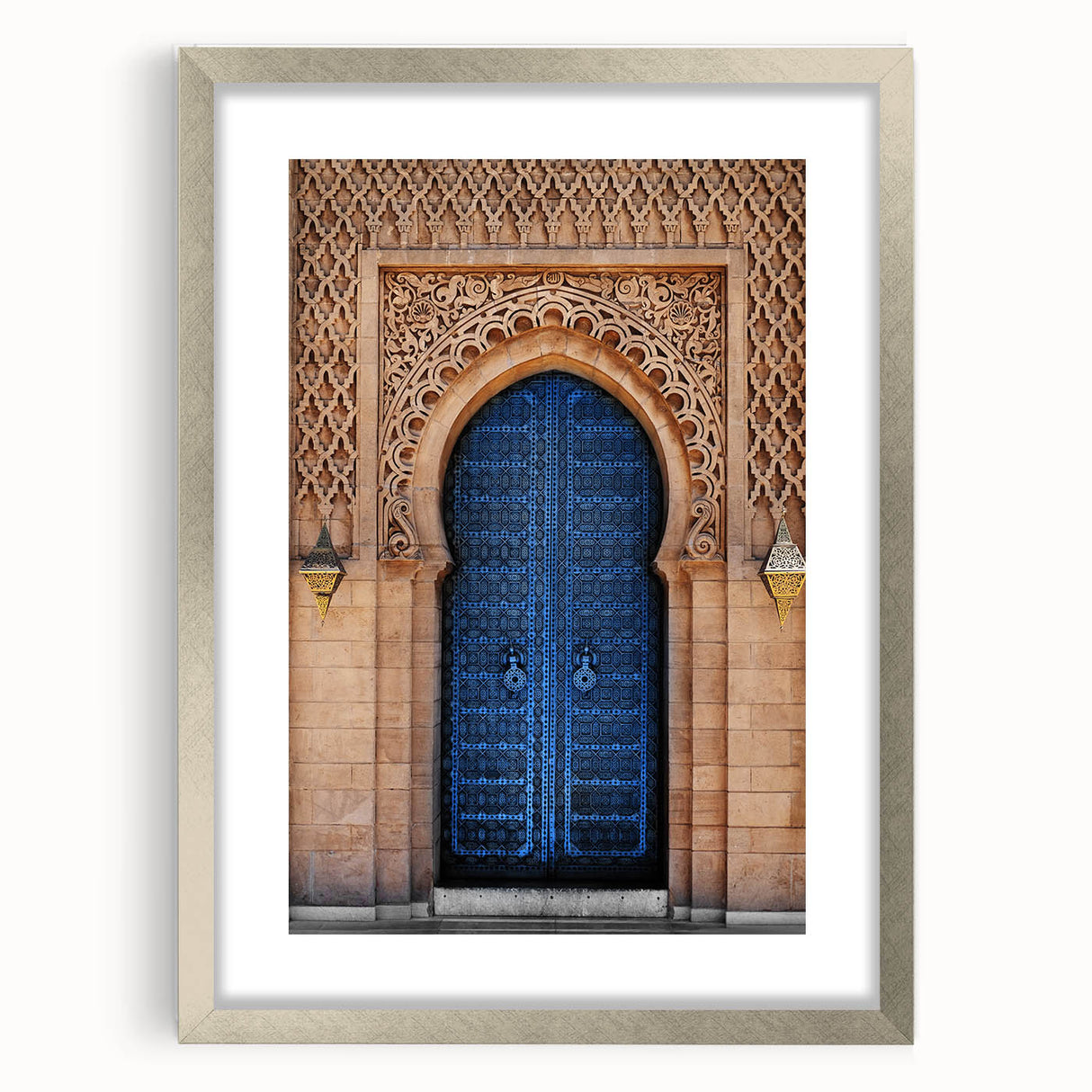Abstract art print of a minimalist door design in black and white, framed in silver.