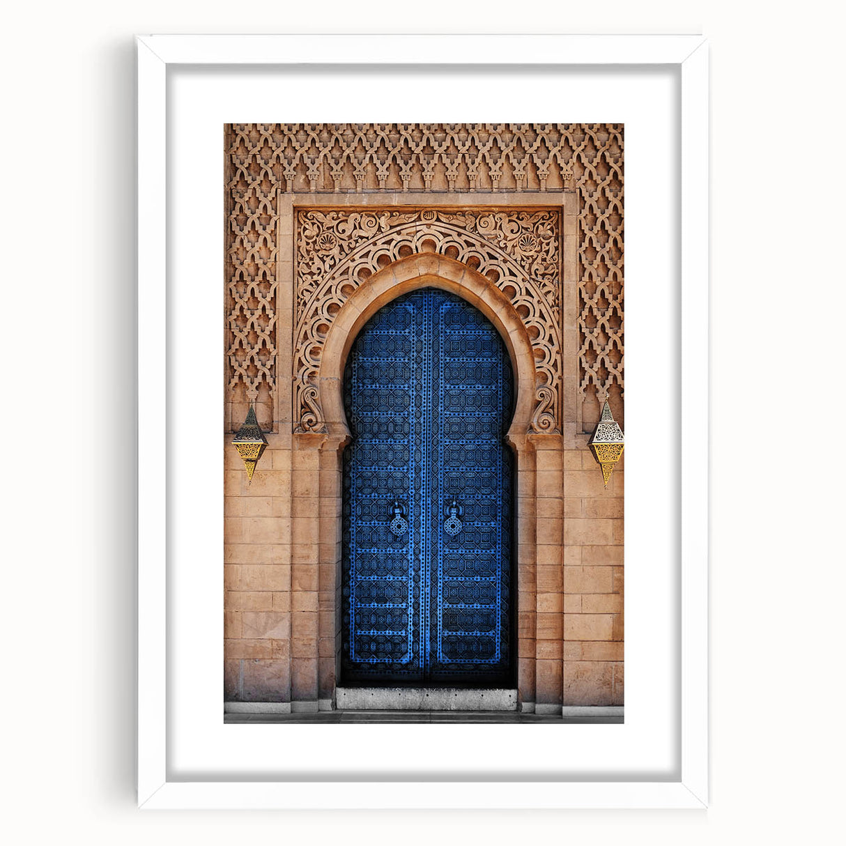 Extra large abstract art print of a textured door design in muted earth tones, framed with a white mat.