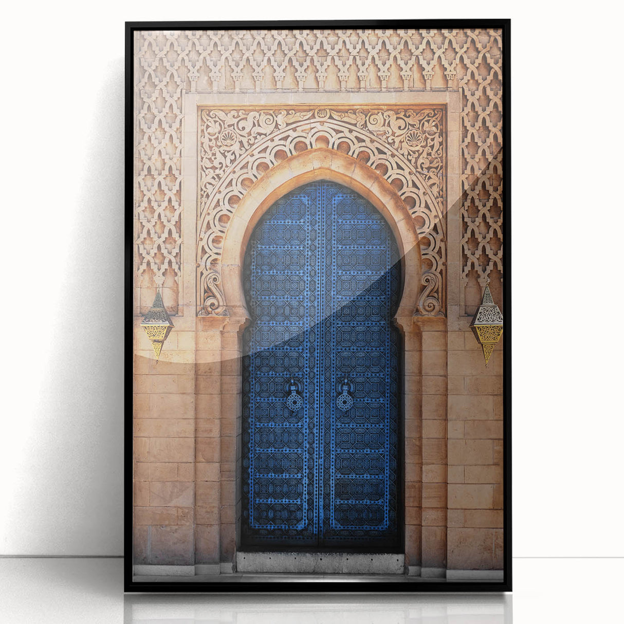 Large abstract wall art featuring a mid-century modernist black and white doorway design on a framed acrylic print.