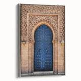 Vintage poster art featuring a black and colorful architectural door design on extra large framed canvas.
