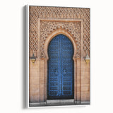 Framed canvas featuring a black and white vintage poster of an architectural door design, ideal for bedroom wall art.