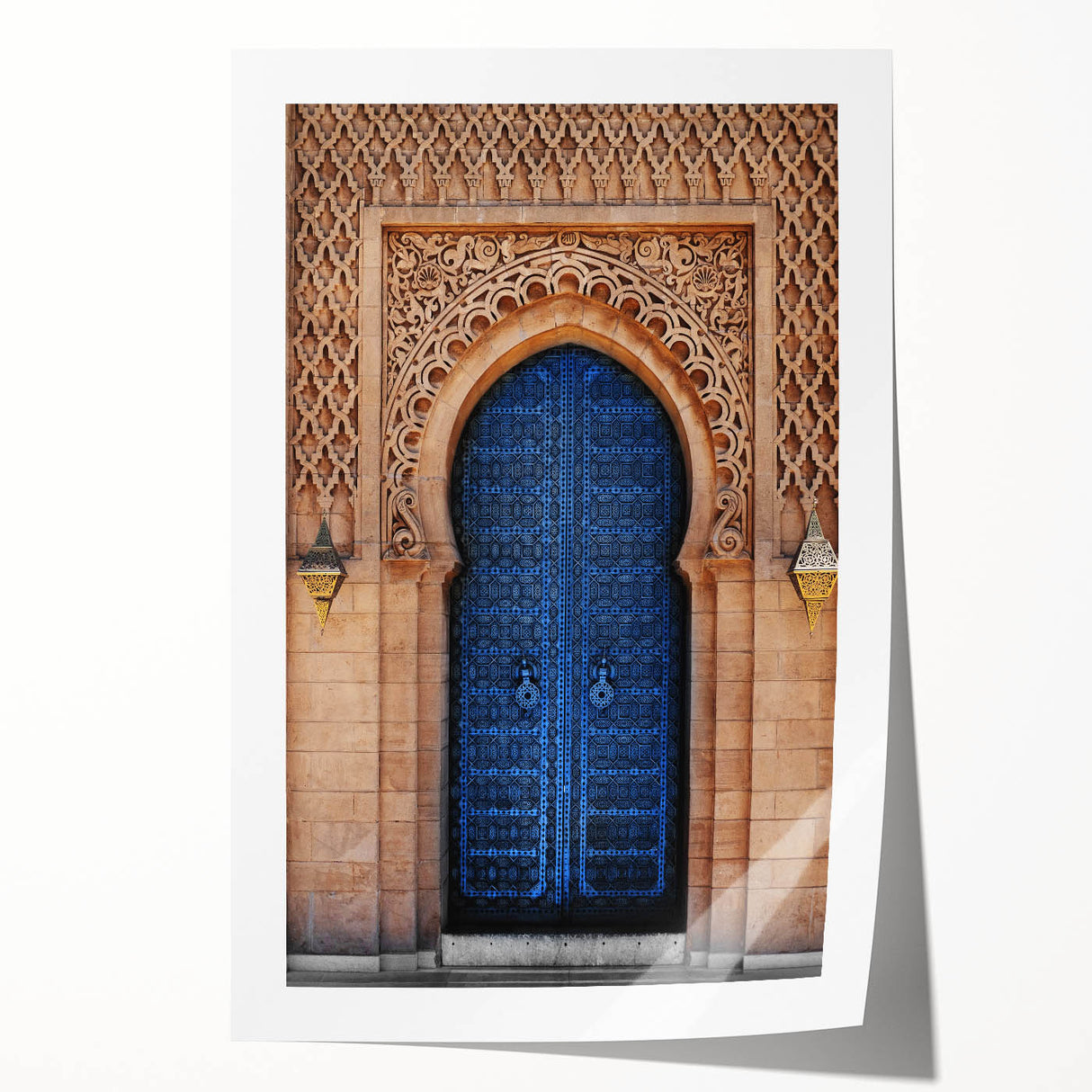 Extra large rolled print of a floral-designed door in muted earth tones, ideal for dining room wall art.