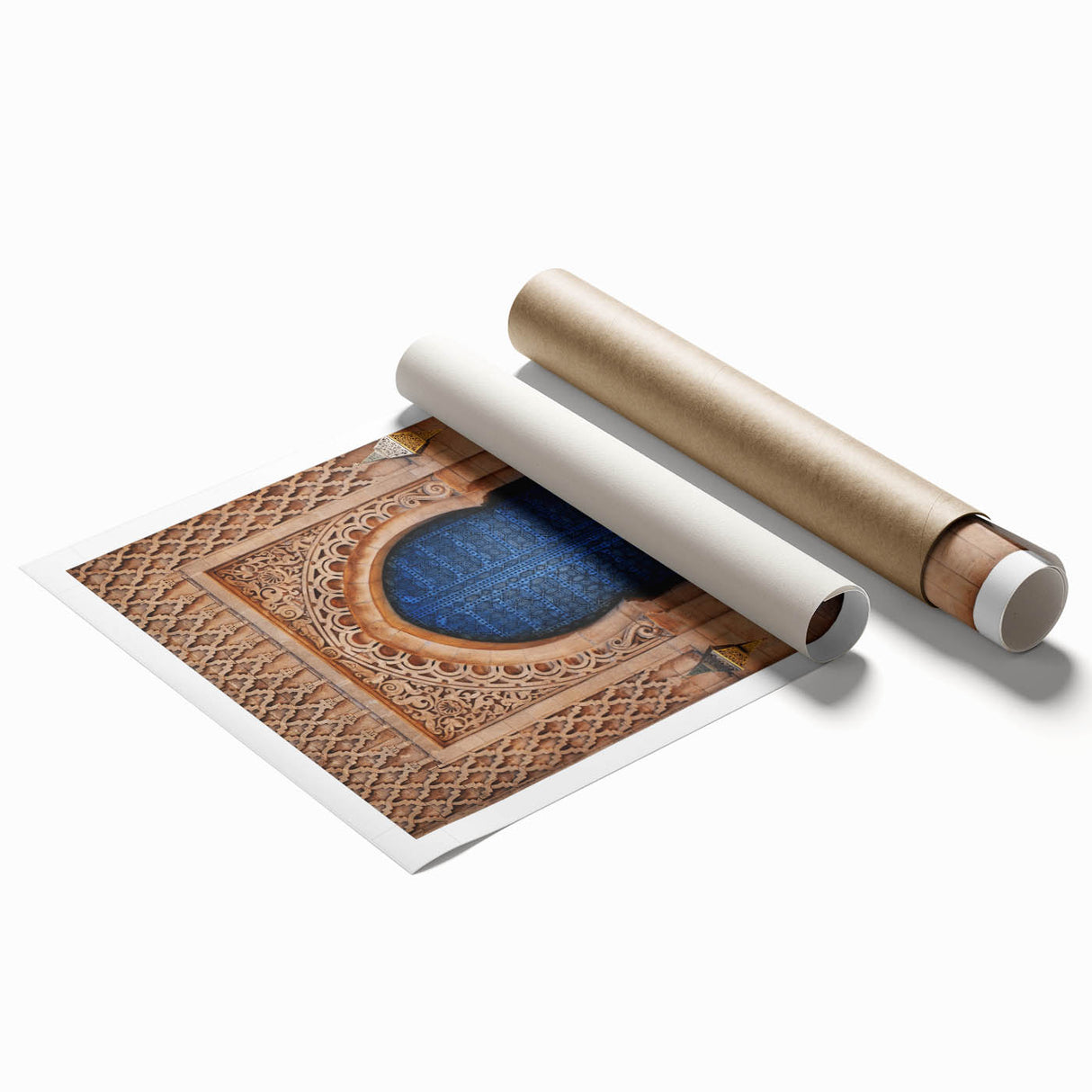 Extra large rolled print featuring a detailed floral design on a door, in muted earth tones.