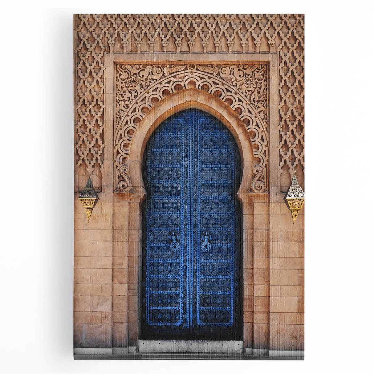Black and white photograph of a detailed door architecture on stretched canvas, ideal for kitchen wall art.