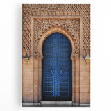 Black and white photograph of a detailed door architecture on stretched canvas, ideal for kitchen wall art.