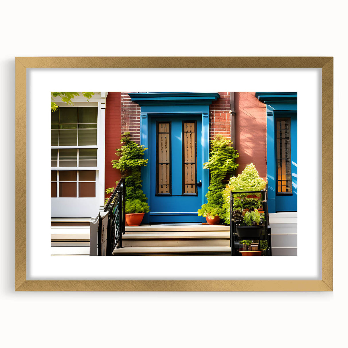 Textured art print of an abstract door design in gold and black tones, framed with a mat, suitable for bedroom decor.