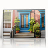 Mid-century modernist door design in white and gray tones on a framed acrylic print.