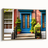 Landscape art painting of a vintage door design on a framed canvas, featuring black and colorful art tones.