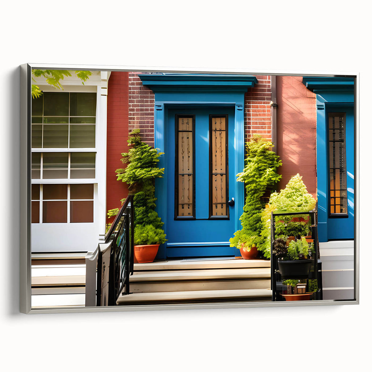 Vintage poster art featuring a detailed architecture door design in colorful hues on a black background, framed canvas.