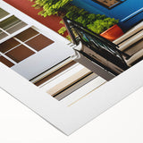 Art deco poster featuring a geometric doorway design in muted gold and navy, on rolled canvas.